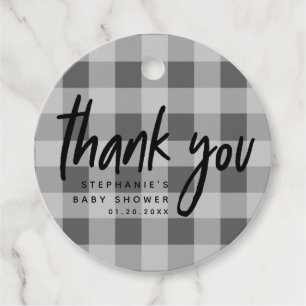 Modern Grey Gingham Baby Shower Thank You Favour Tags