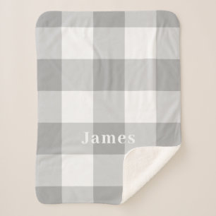 Modern Grey Gingham Pattern Monogram Name Sherpa Blanket