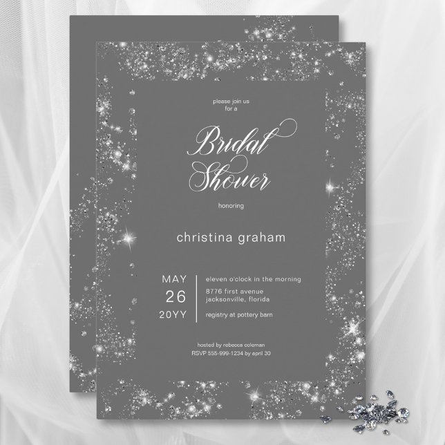Modern Grey Glam Diamond Frame Bridal Shower Invitation (Modern Gray Glam Diamond Frame Bridal Shower Invitation)