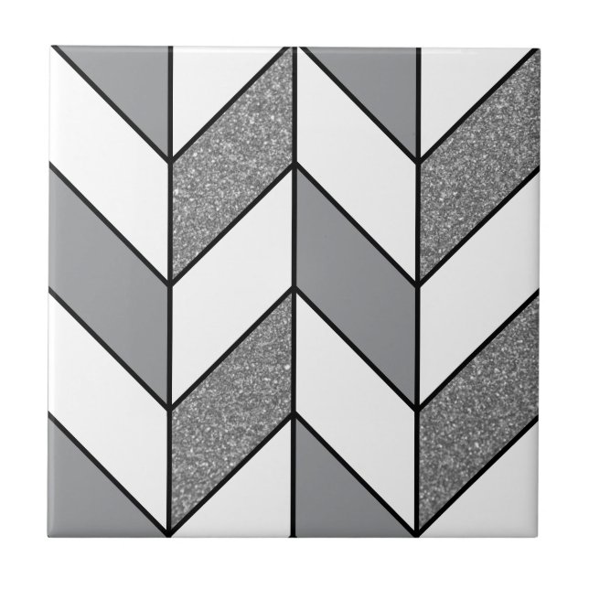 Modern Grey Glitter Herringbone Chevron Pattern v2 Tile (Front)