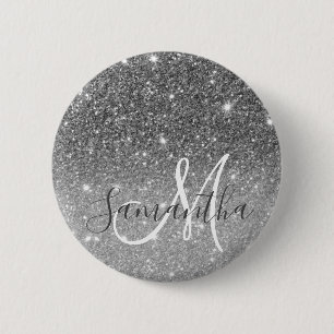 Modern Grey Glitter Sparkles Personalized Name 2 Inch Round Button
