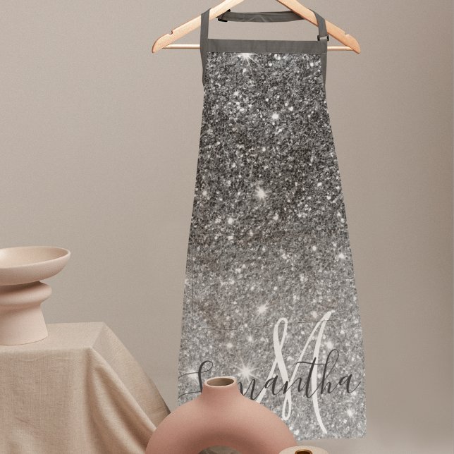 Modern Grey Glitter Sparkles Personalized Name Apron (Creator Uploaded)
