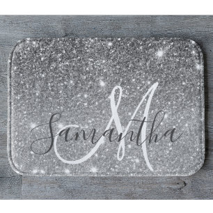 Modern Grey Glitter Sparkles Personalized Name Bath Mat