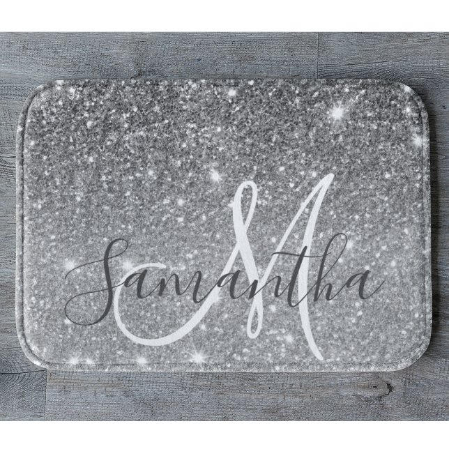 Modern Grey Glitter Sparkles Personalized Name Bath Mat (Creator Uploaded)