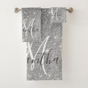 Modern Grey Glitter Sparkles Personalized Name Bath Towel Set
