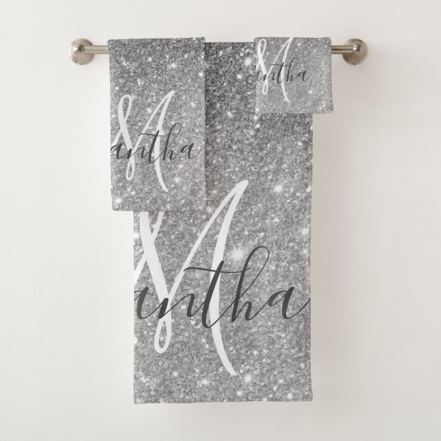 Modern Grey Glitter Sparkles Personalized Name Bath Towel Set (Insitu)
