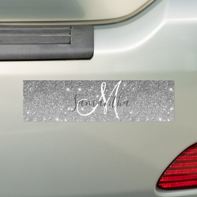 Modern Grey Glitter Sparkles Personalized Name Bumper Sticker (On Car)