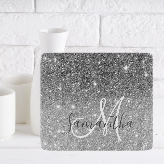 Modern Grey Glitter Sparkles Personalized Name Cutting Board (Creator Uploaded)