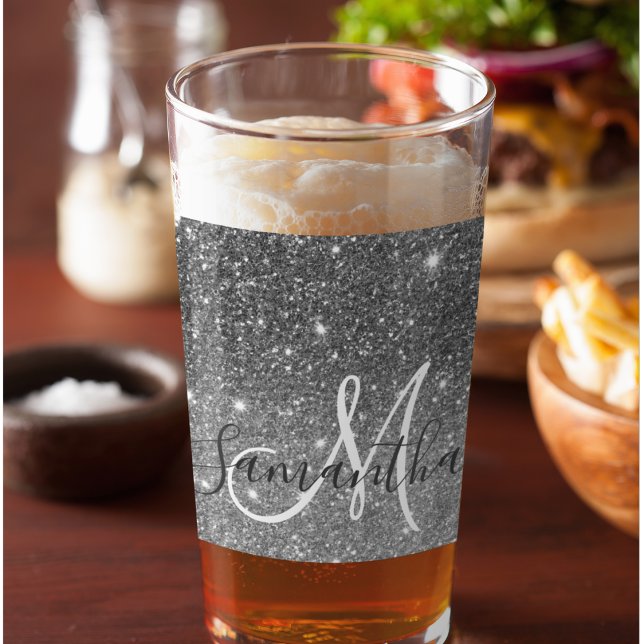 Modern Grey Glitter Sparkles Personalized Name Glass (Creator Uploaded)