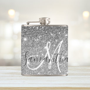 Modern Grey Glitter Sparkles Personalized Name Hip Flask