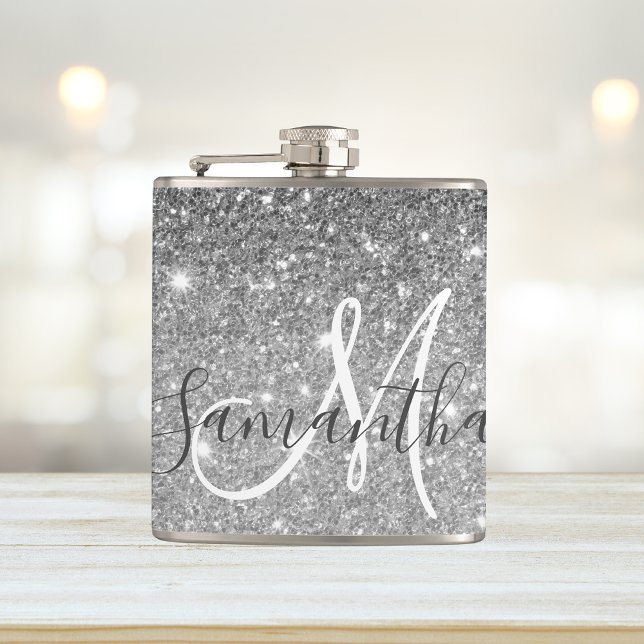 Modern Grey Glitter Sparkles Personalized Name Hip Flask (Creator Uploaded)