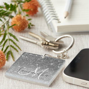 Modern Grey Glitter Sparkles Personalized Name Keychain