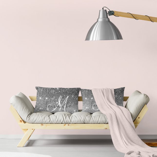 Modern Grey Glitter Sparkles Personalized Name Lumbar Pillow (Creator Uploaded)