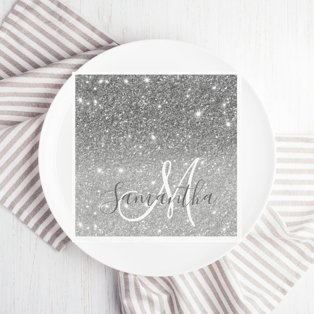 Modern Grey Glitter Sparkles Personalized Name Napkin (Creator Uploaded)