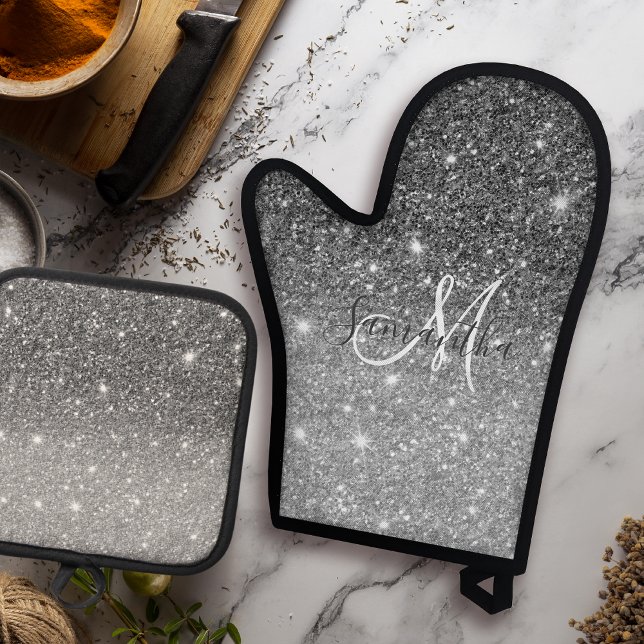 Modern Grey Glitter Sparkles Personalized Name Oven Mitt & Pot Holder Set (Creator Uploaded)