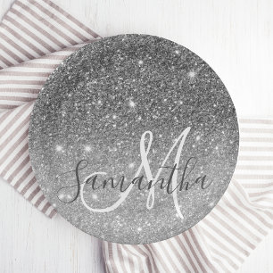 Modern Grey Glitter Sparkles Personalized Name Paper Plate