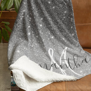 Modern Grey Glitter Sparkles Personalized Name Sherpa Blanket