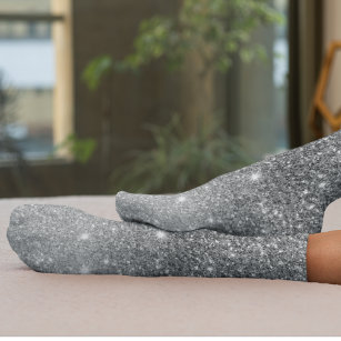 Modern Grey Glitter Sparkles Personalized Name Socks