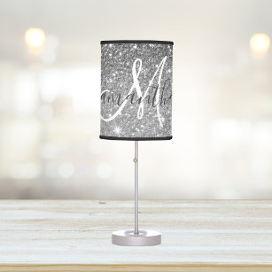 Modern Grey Glitter Sparkles Personalized Name Table Lamp