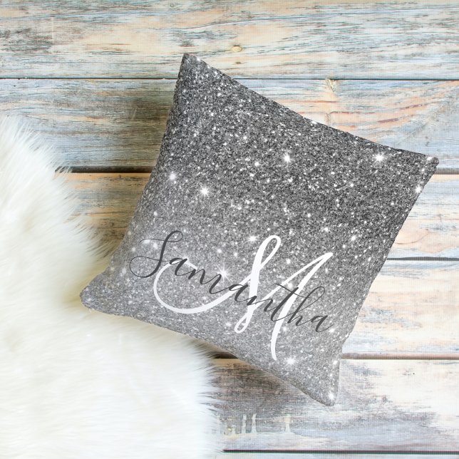 Modern Grey Glitter Sparkles Personalized Name Throw Pillow (Creator Uploaded)