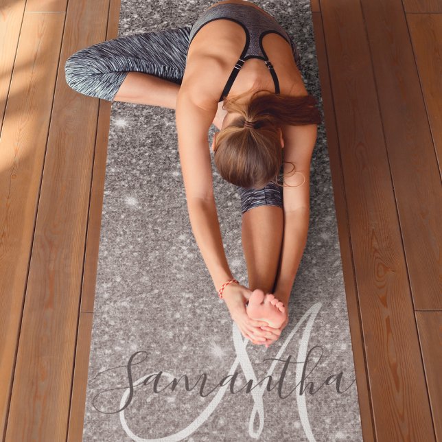 Modern Grey Glitter Sparkles Personalized Name Yoga Mat (Creator Uploaded)