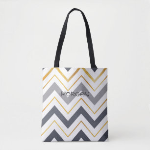Modern Grey & Gold Chevron Personalized Tote Bag ✨