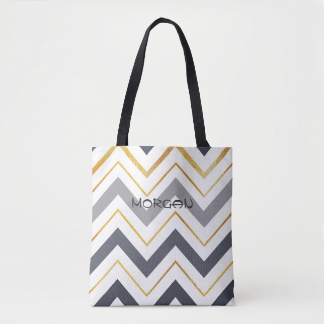 Modern Grey & Gold Chevron Personalized Tote Bag ✨ (Front)
