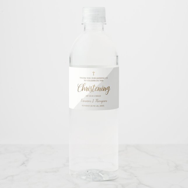 Modern Grey Gold Christening Script Thank You Water Bottle Label (Front)