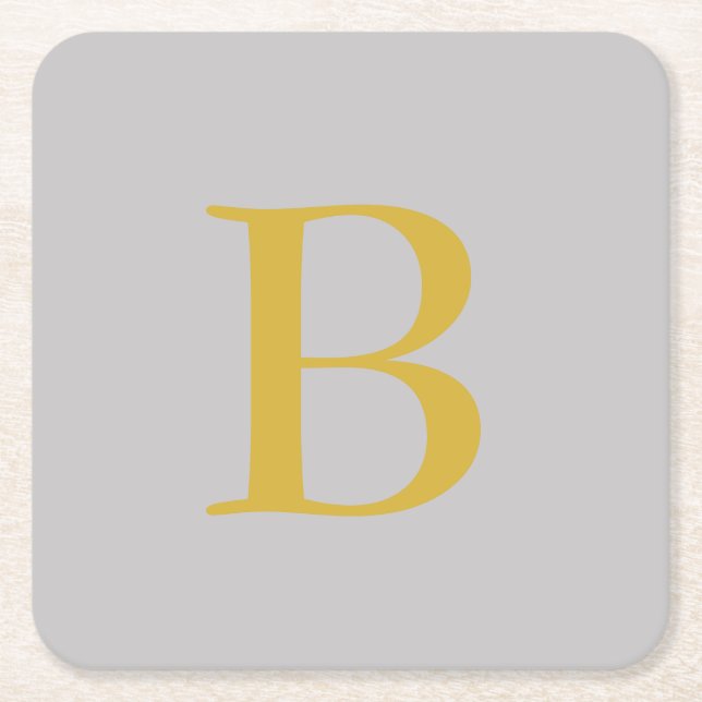 Modern Grey Gold Colour Monogram Add Name Initial Square Paper Coaster (Front)