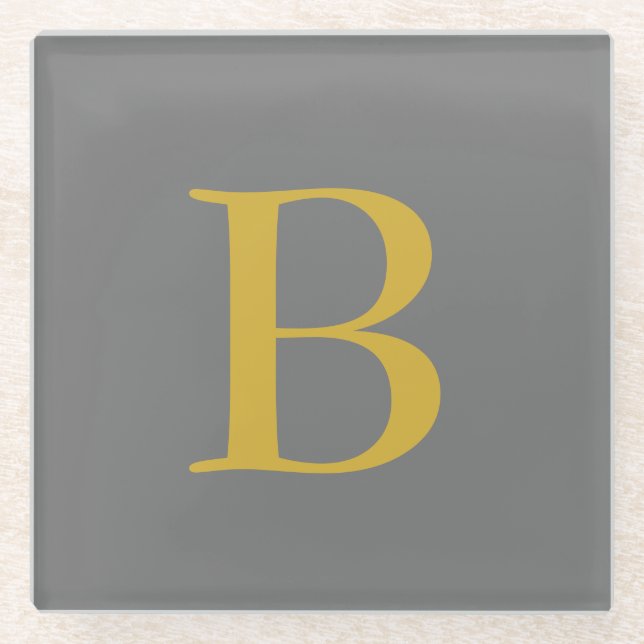 Modern Grey Gold Colour Monogram Add Name Initials Glass Coaster (Front)