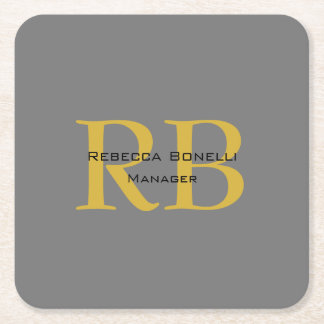 Modern Grey Gold Colour Monogram Add Name Initials Square Paper Coaster