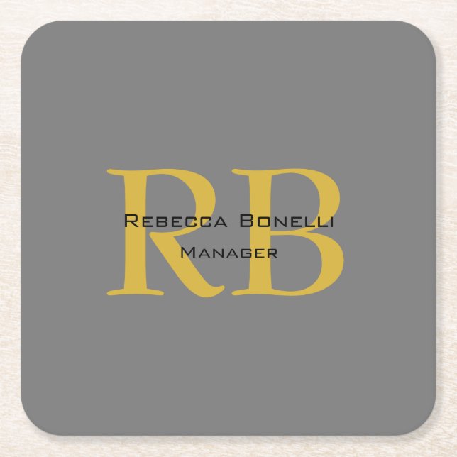 Modern Grey Gold Colour Monogram Add Name Initials Square Paper Coaster (Front)