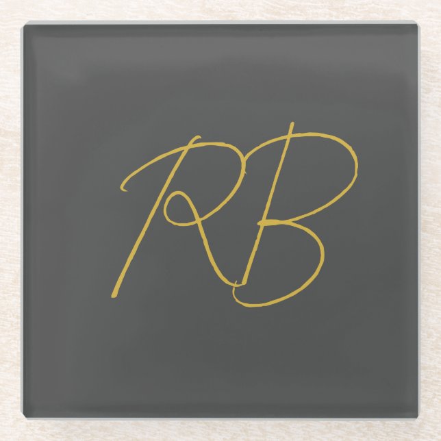 Modern Grey Gold Colour Monogram Initials Glass Coaster (Front)