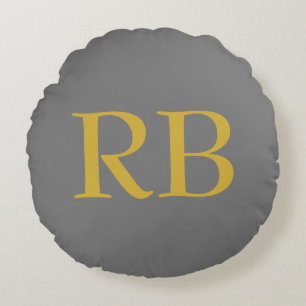 Modern Grey Gold Colour Monogram Initials Round Pillow