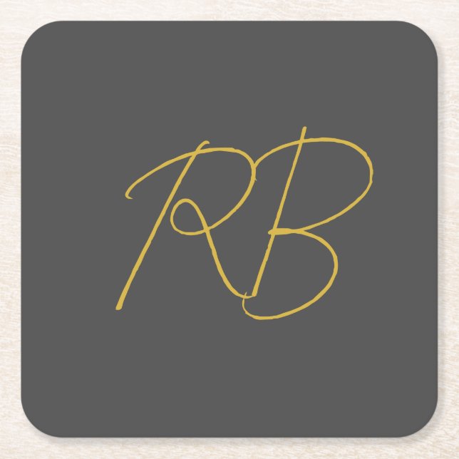 Modern Grey Gold Colour Monogram Initials Square Paper Coaster (Front)