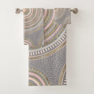 Modern Grey Gold Geometric Mandala Bath Towel Set