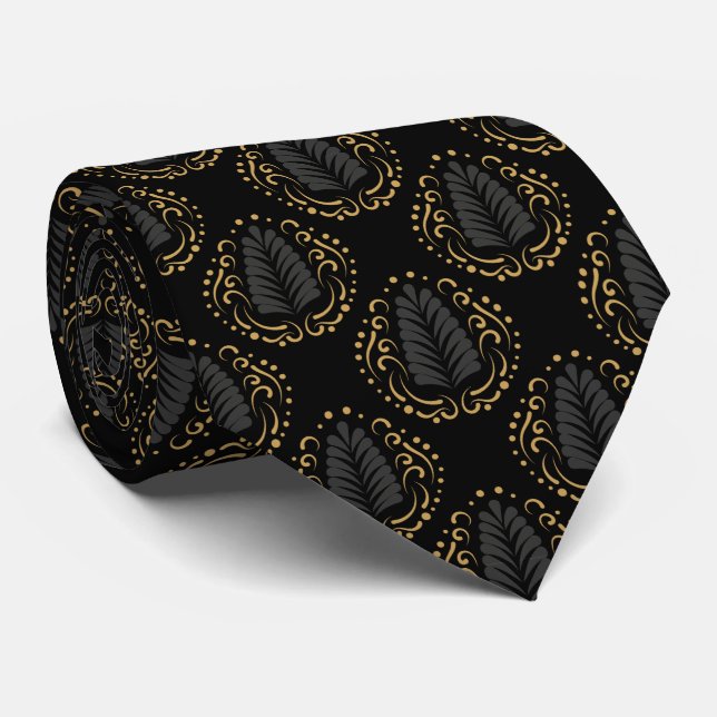 Modern Grey & Gold Stylized Damasks Tie (Rolled)