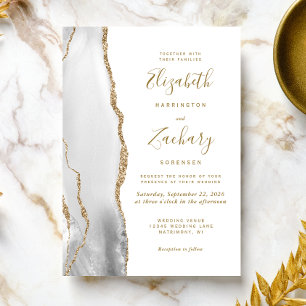 Modern Grey Gold White Agate Wedding Invitation
