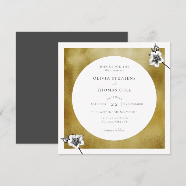 Modern Grey Gold Xmas Roses Christmas Wedding Invitation (Front/Back)