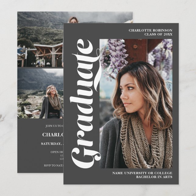 Modern grey graduate script photo graduation invitation (Front/Back)