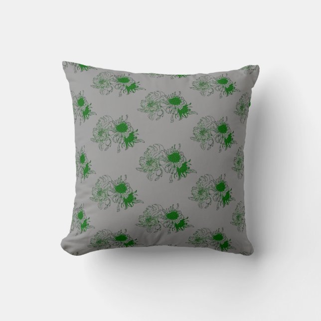 Modern Grey & Green Floral Pattern Throw Pillow (Front)