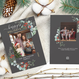 Modern Grey Greenery Botanical Christmas Photo Holiday Card