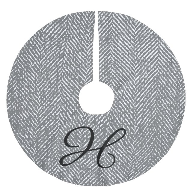 Modern Grey Herringbone & Black Family Monogram Brushed Polyester Tree Skirt (Front)