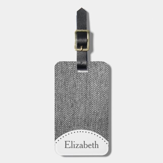 Modern Grey Herringbone & Name Luggage Tag (Front Vertical)