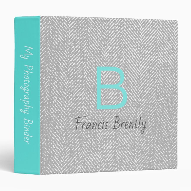 Modern Grey Herringbone & Teal Custom Name Binder (Front/Spine)