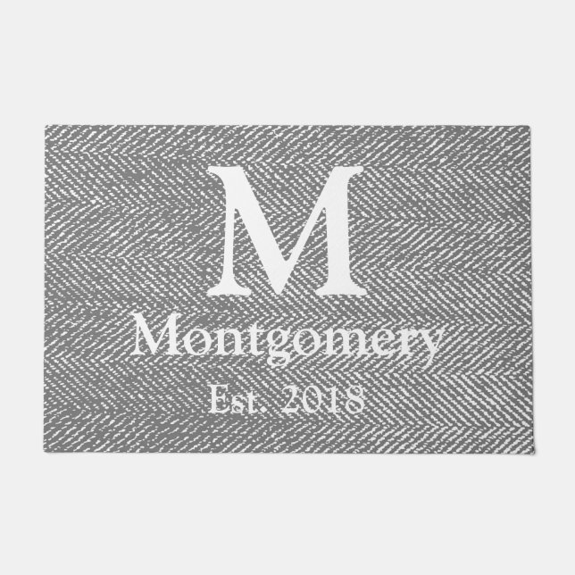 Modern Grey Herringbone & White Family Monogram Doormat (Front)