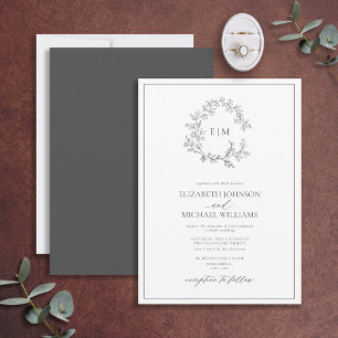 Modern Grey Leafy Crest Monogram Wedding Invitation