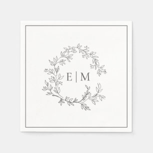 Modern Grey Leafy Crest Monogram Wedding Napkin