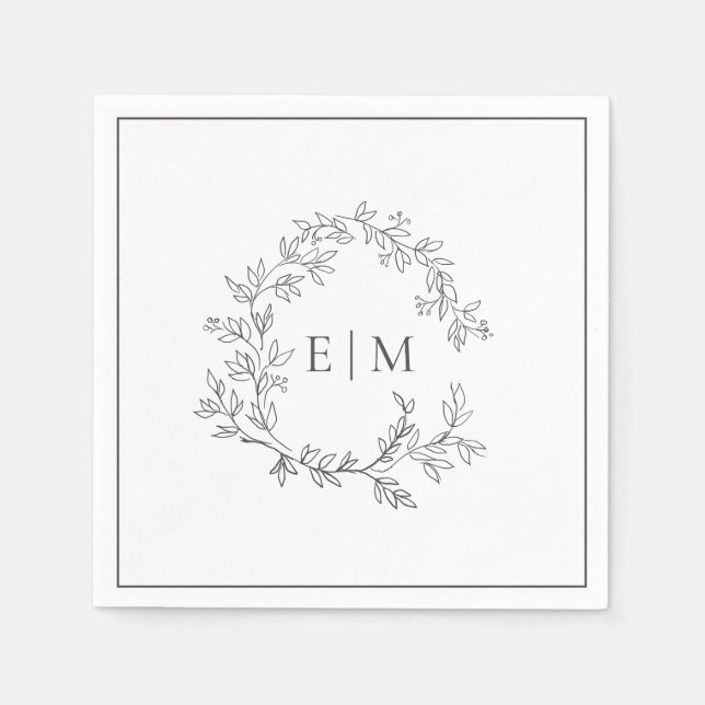 Modern Grey Leafy Crest Monogram Wedding Napkin (Front)