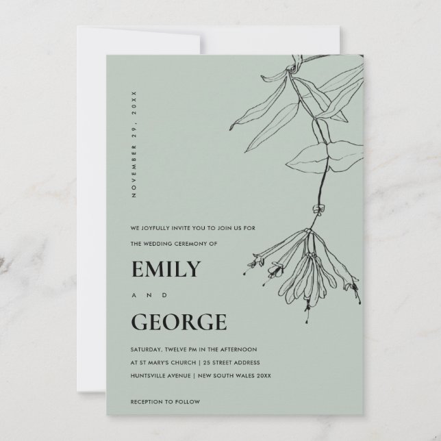 MODERN GREY LINE DRAWING FLORAL WEDDING INVITE (Front)